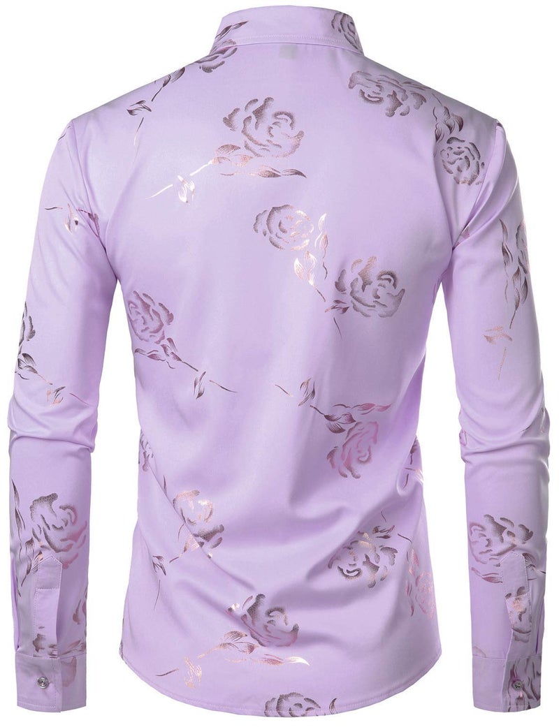 ZEROYAA Mens Hipster Gold Rose Printed Slim Fit Long Sleeve Dress Shirts/Prom Performing Shirts Z56 Lavender Medium - Image 2